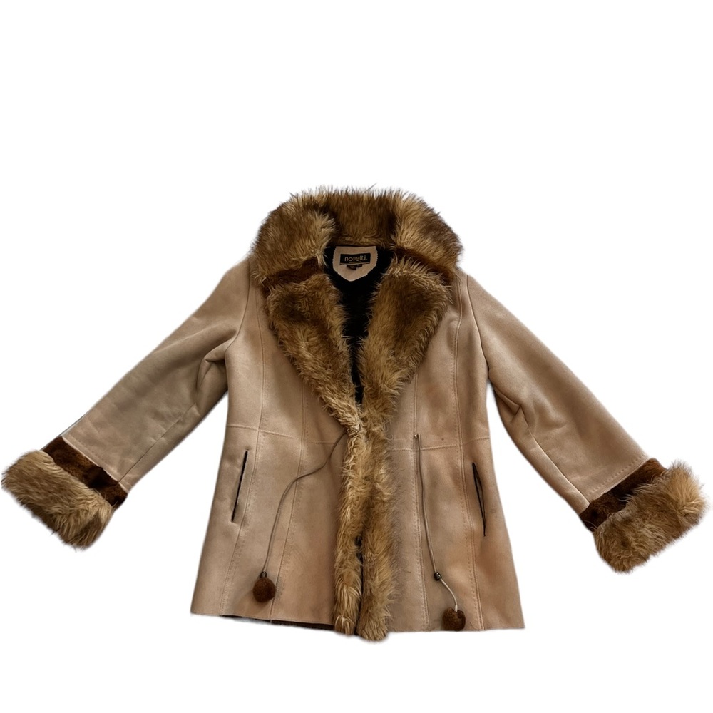 Vintage 1990s Novelti Faux Fur Suede Tan Penny Lane Coat w/ Pom Pom Ties L